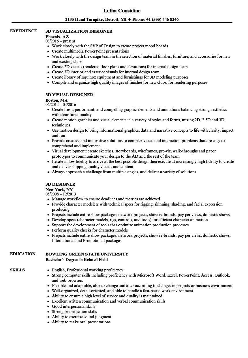 3d designer resume samples