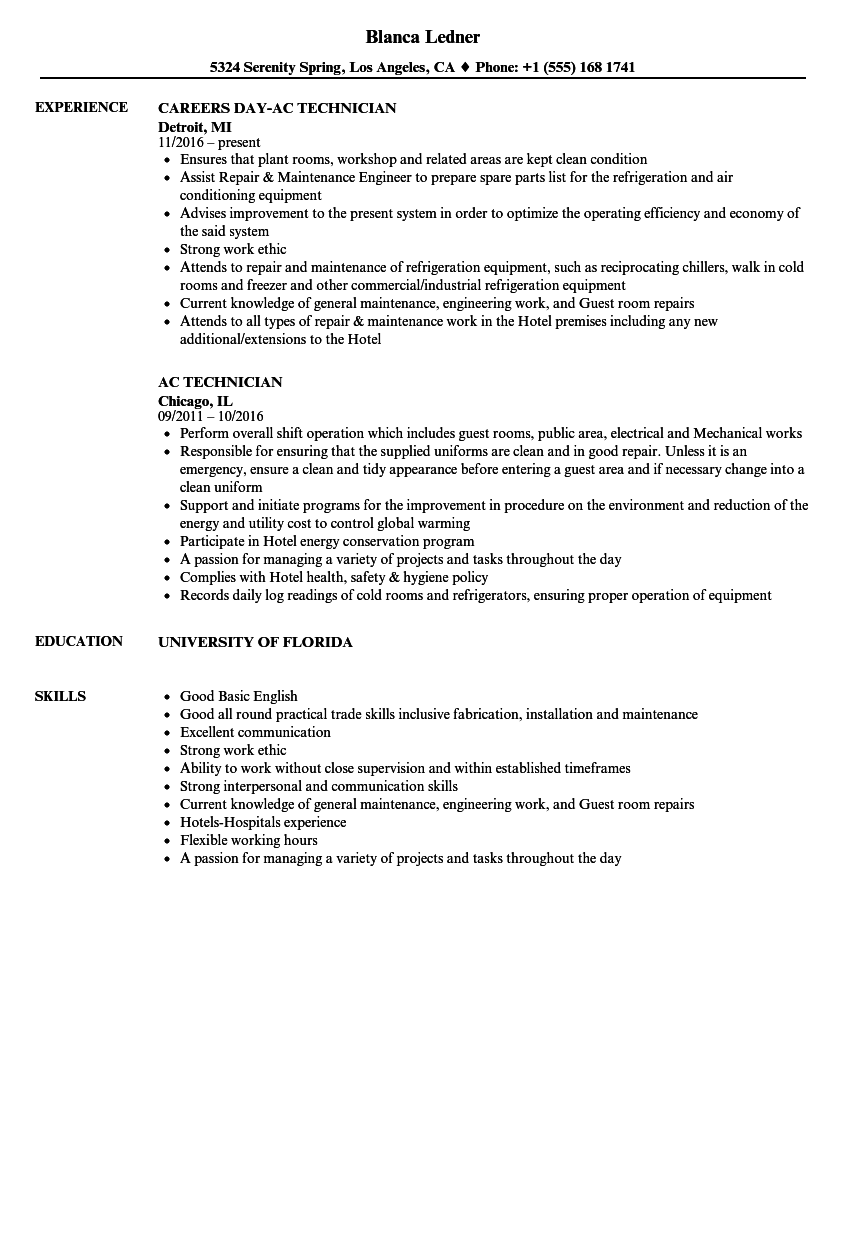 AC Technician Resume Samples | Velvet Jobs