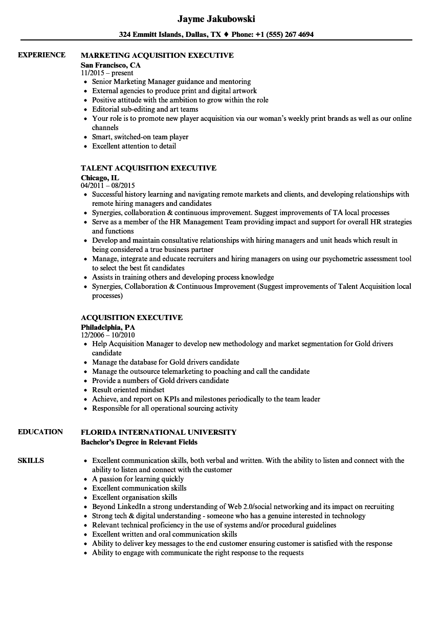 Acquisition Executive Resume Samples | Velvet Jobs