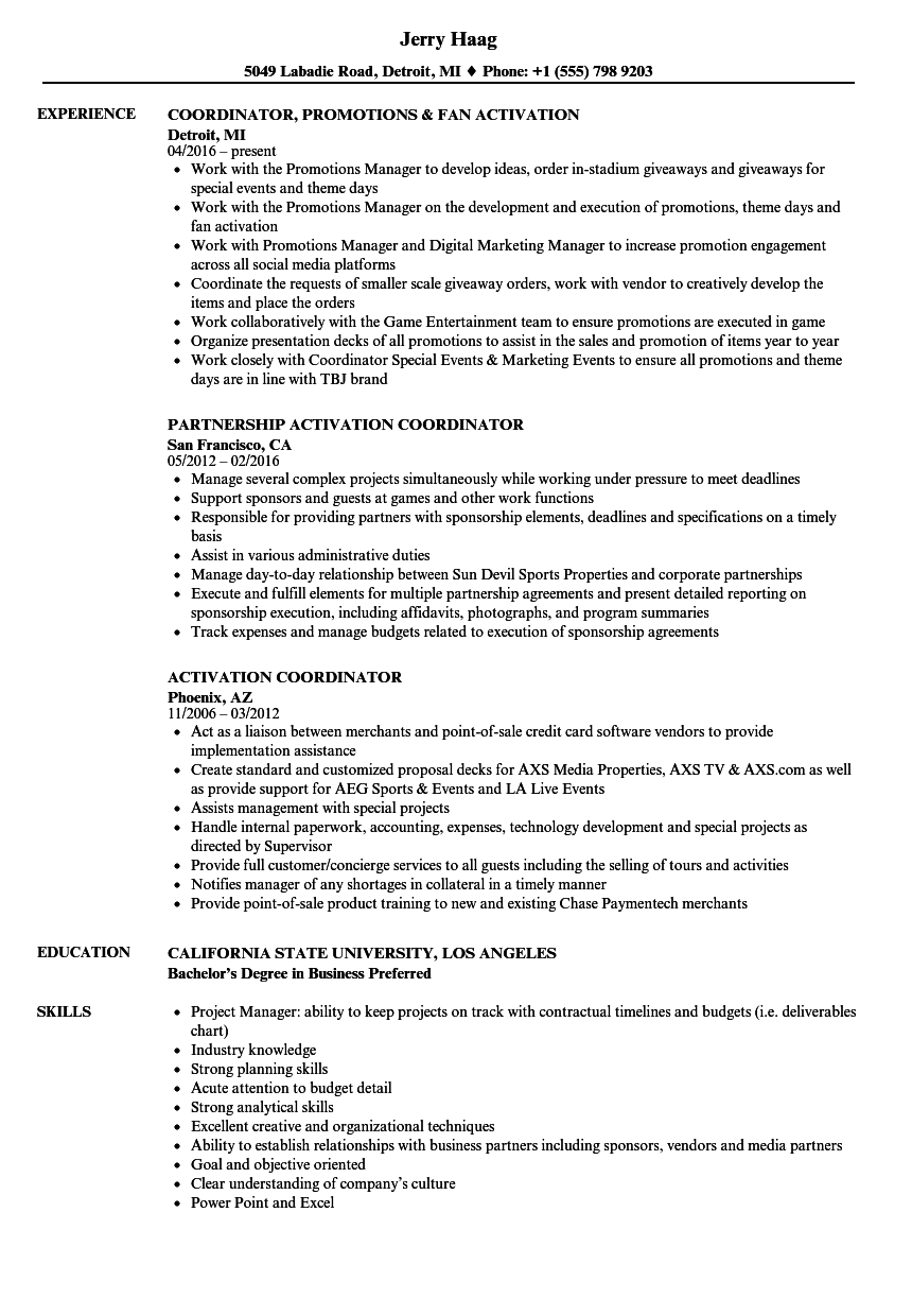 Activation Coordinator Resume Samples  Velvet Jobs