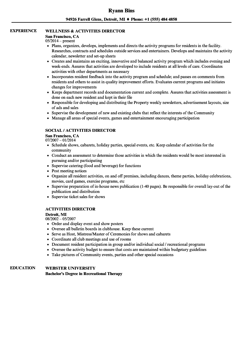 Activity Director Resume Sample