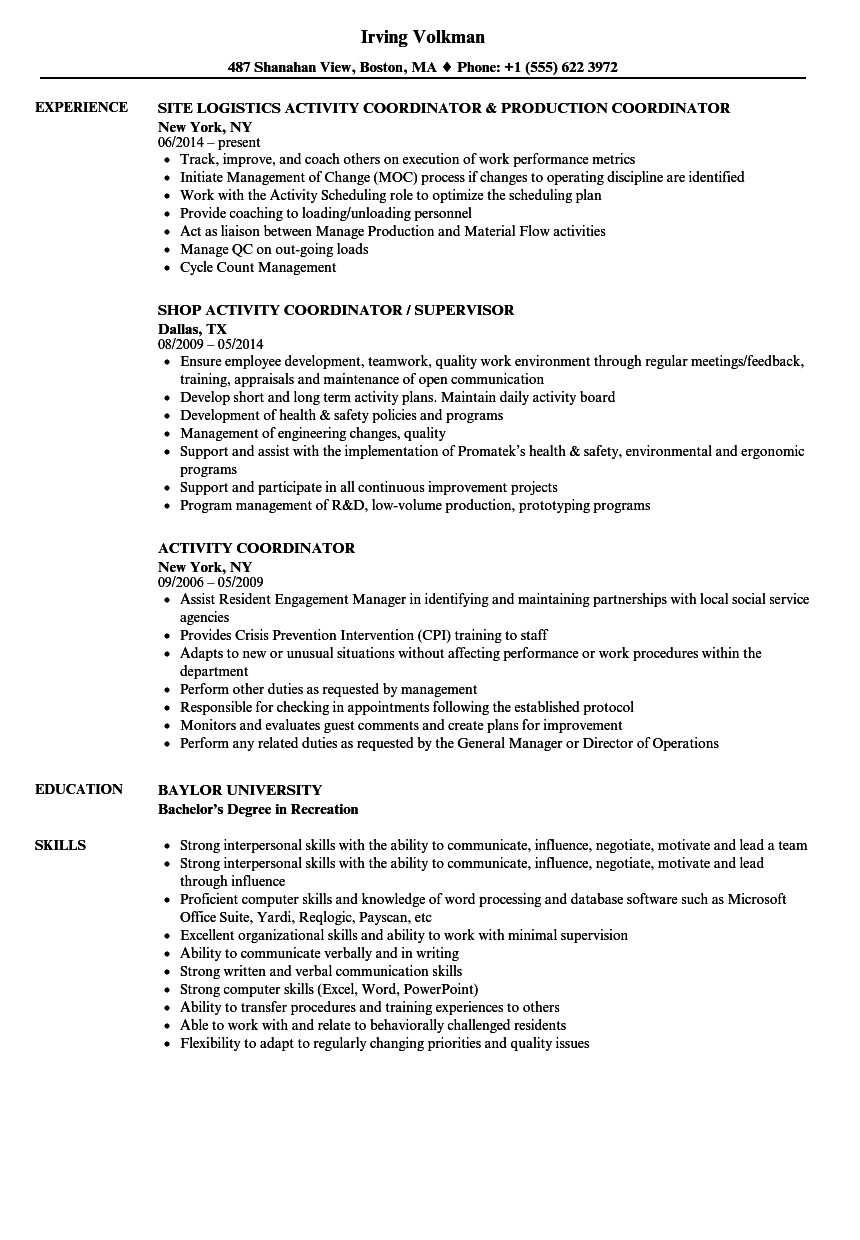 Sample Resume Activities Coordinator Activities Coordinator Resume Sample