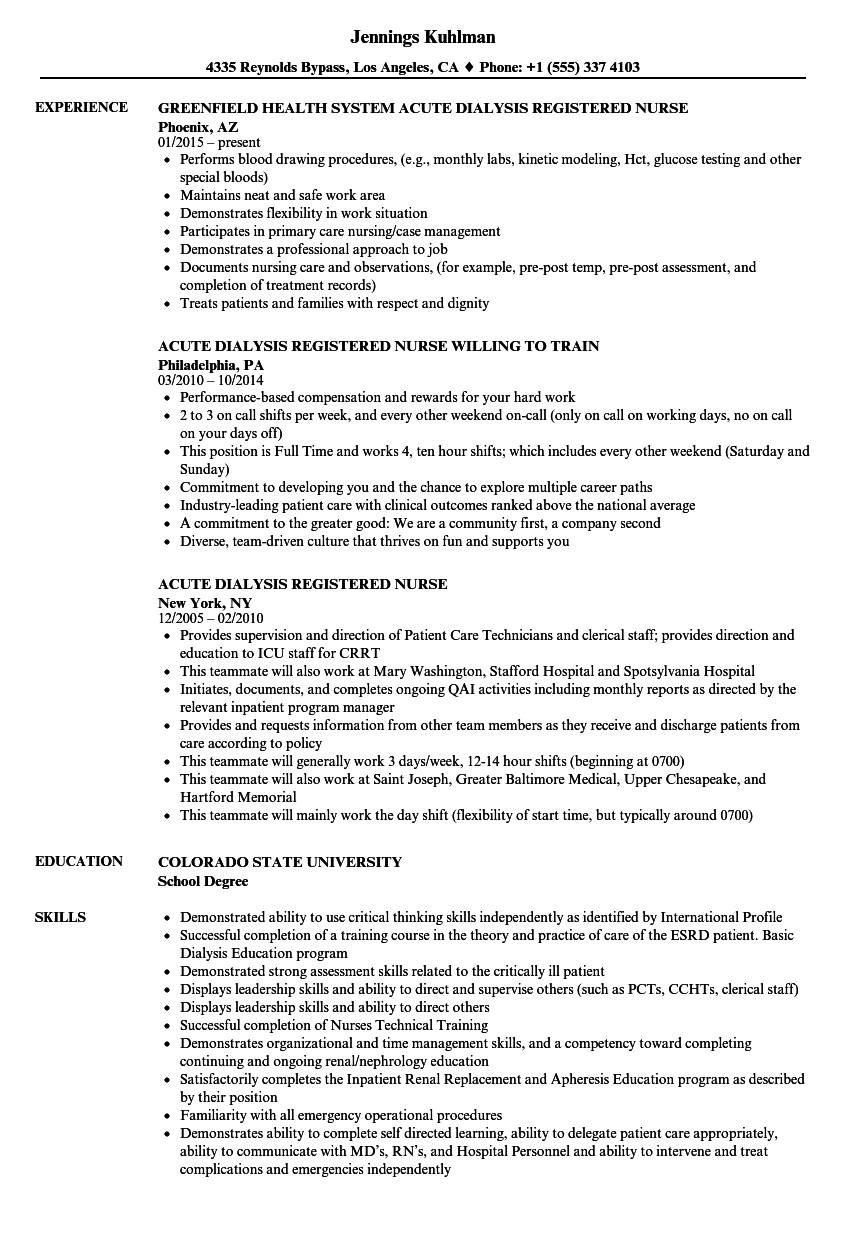 Acute Dialysis Registered Nurse Resume Samples Velvet Jobs