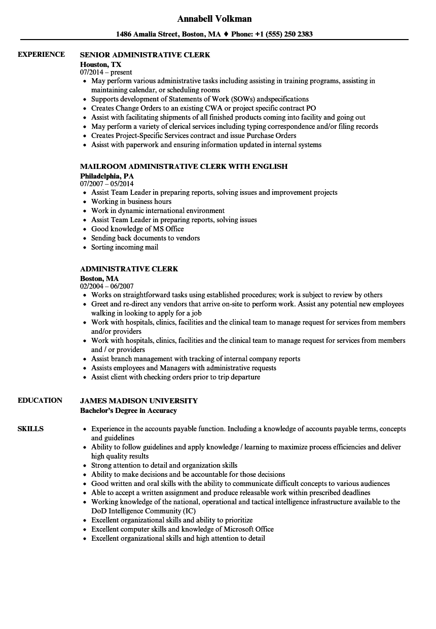 Administrative Clerk Resume Samples Velvet Jobs