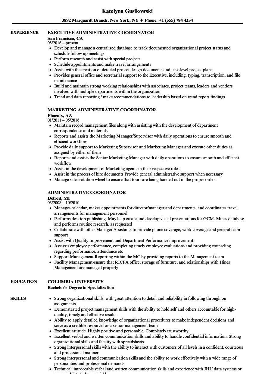 Administrative Coordinator Resume Samples Velvet Jobs