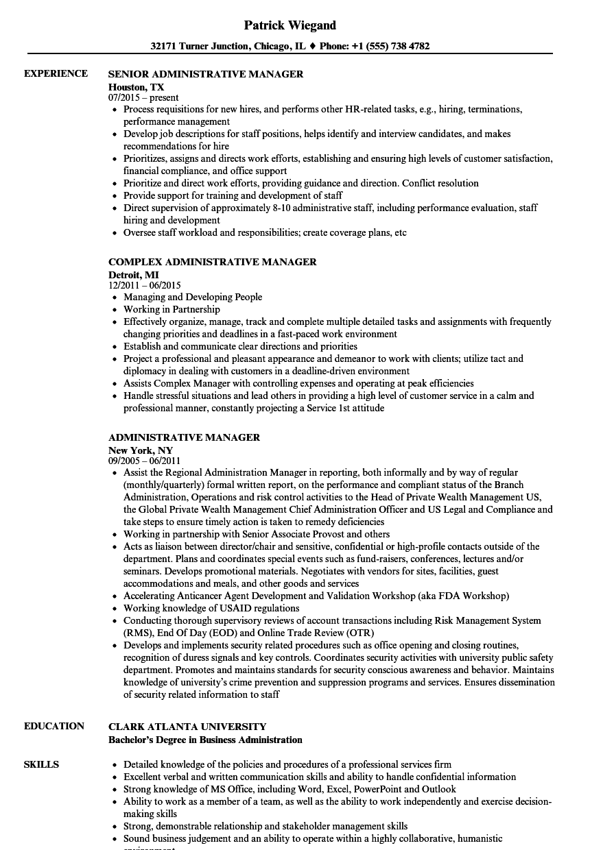 Administrative Manager Resume Samples  Velvet Jobs