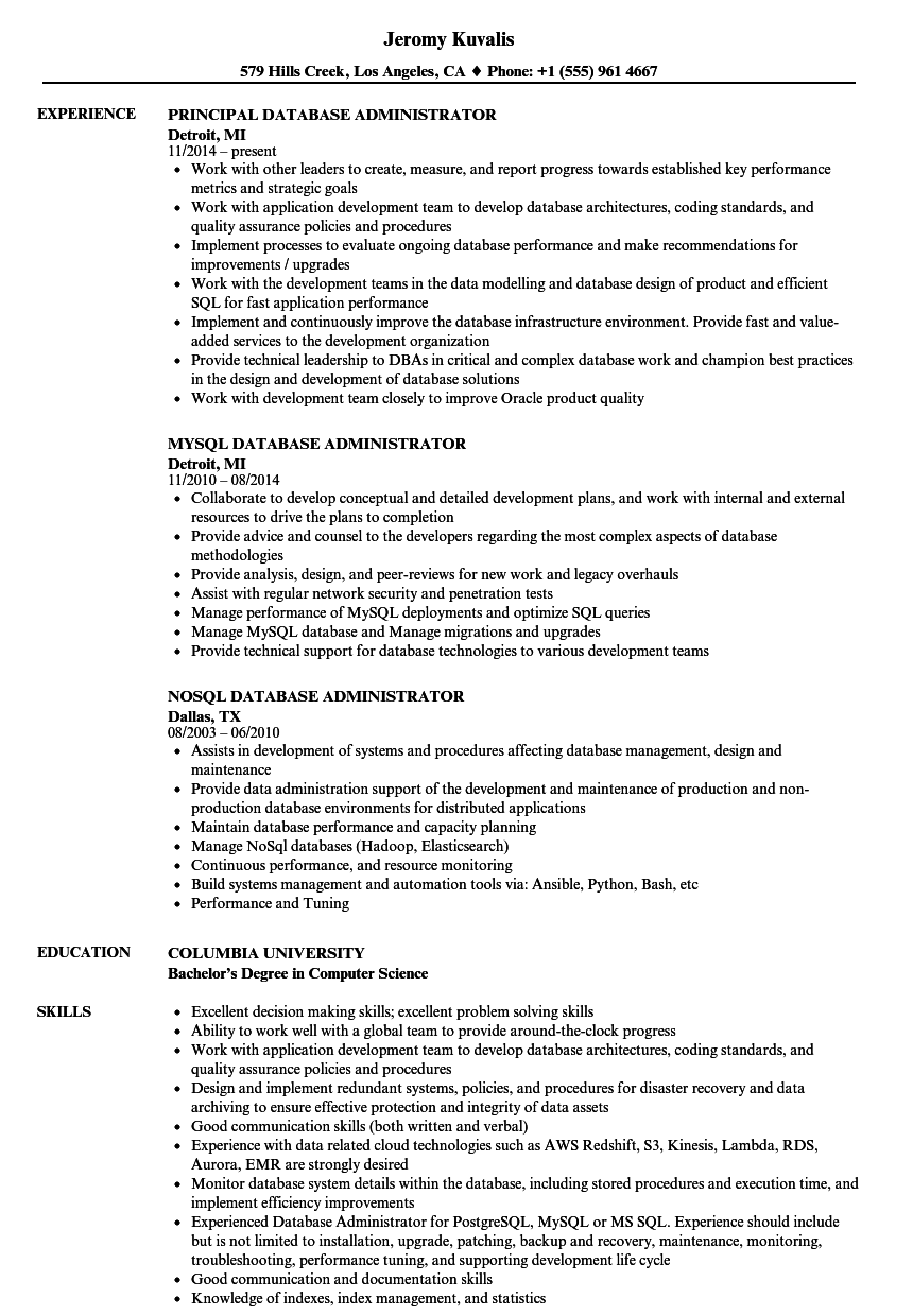 Resume for database administrator job