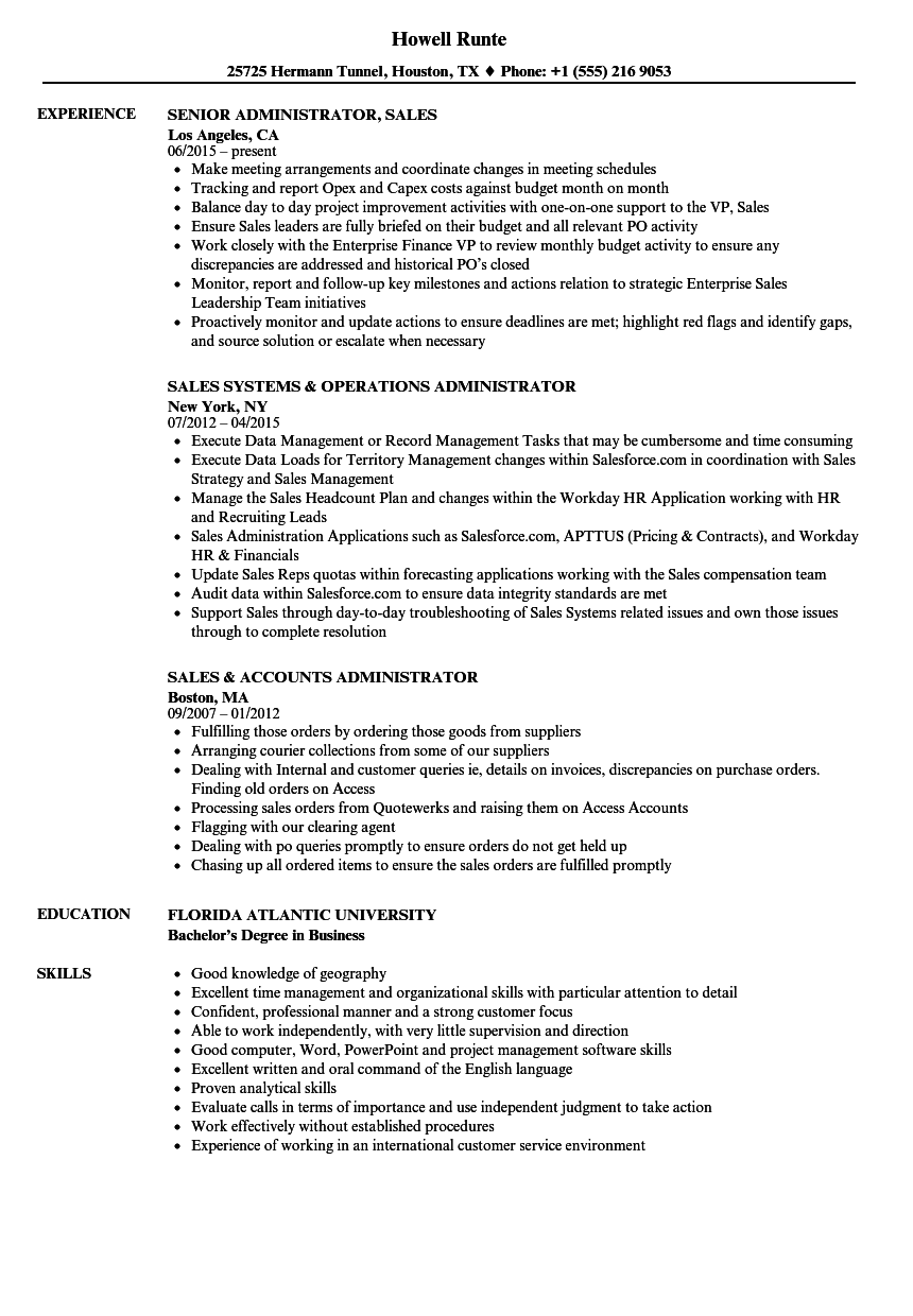 Administrator, Sales Resume Samples | Velvet Jobs