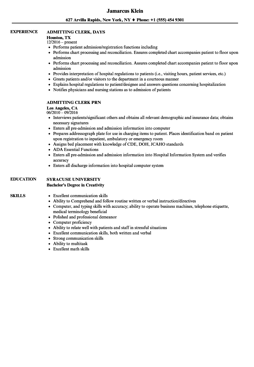 Admitting Clerk Resume Samples Velvet Jobs