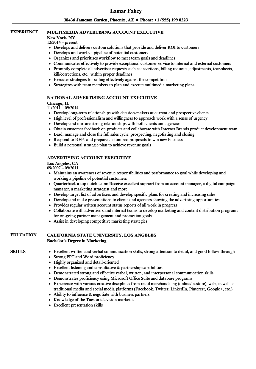 Advertising Account Executive Resume Samples | Velvet Jobs