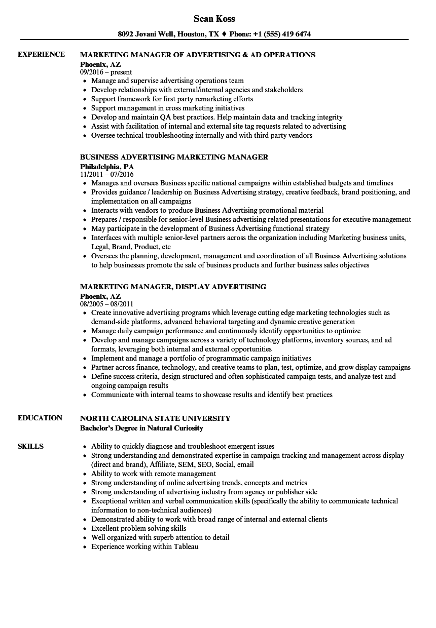 Advertising Marketing Manager Resume Samples  Velvet Jobs