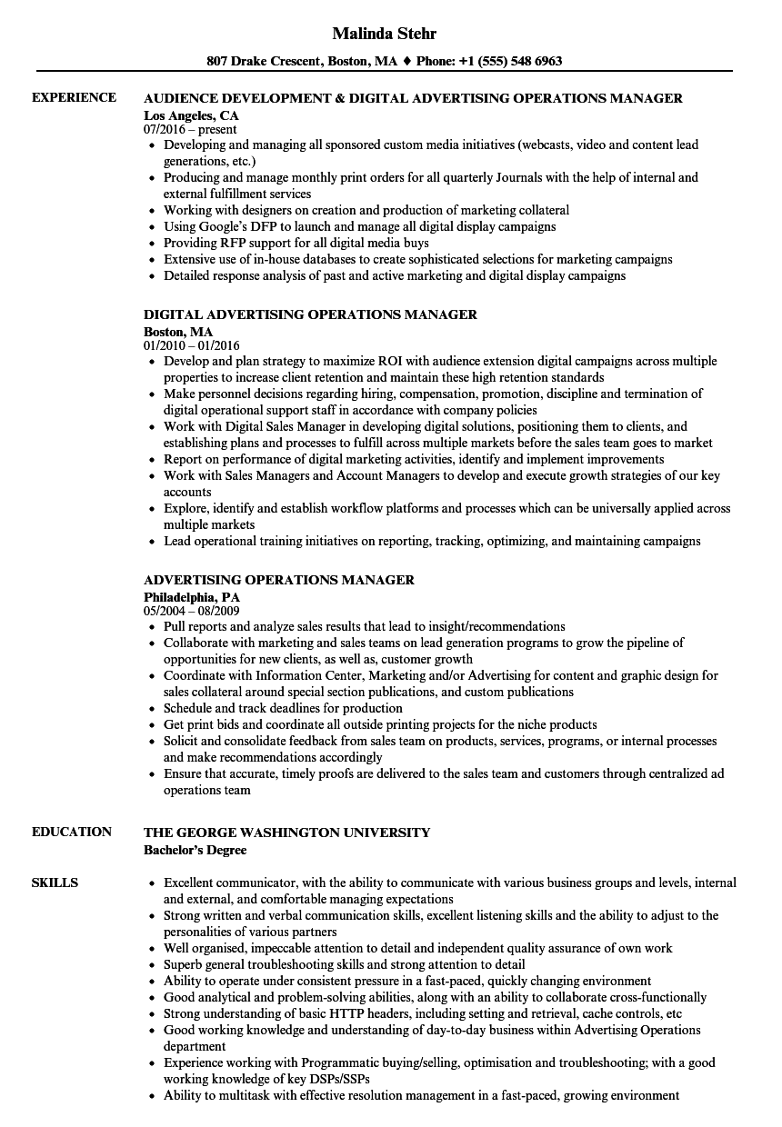 Advertising Operations Manager Resume Samples | Velvet Jobs