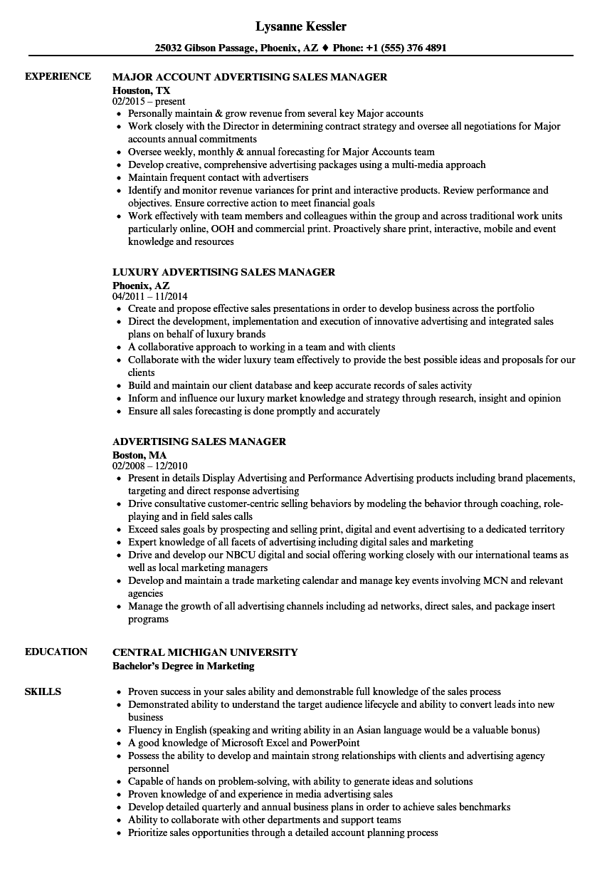 Advertising Sales Manager Resume Samples Velvet Jobs