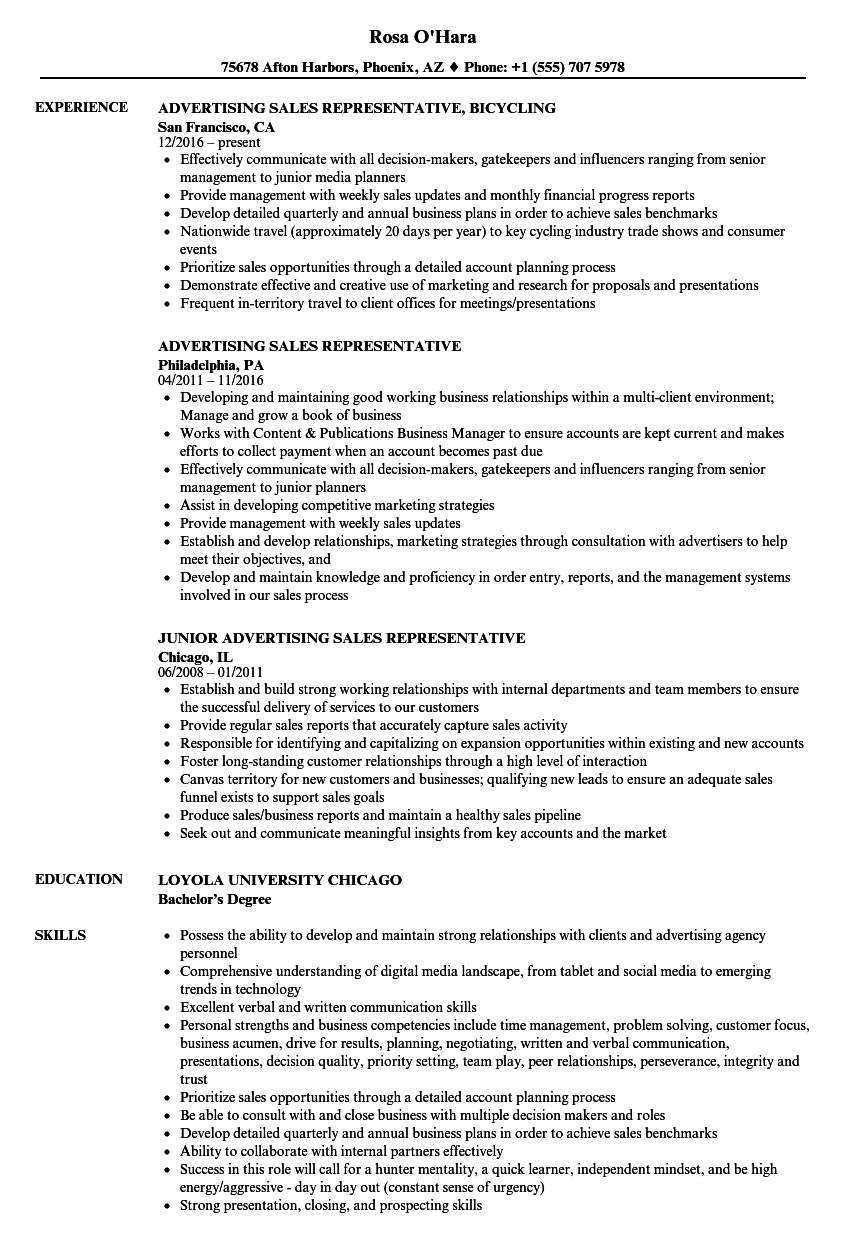 Advertising Sales Representative Resume Samples  Velvet Jobs