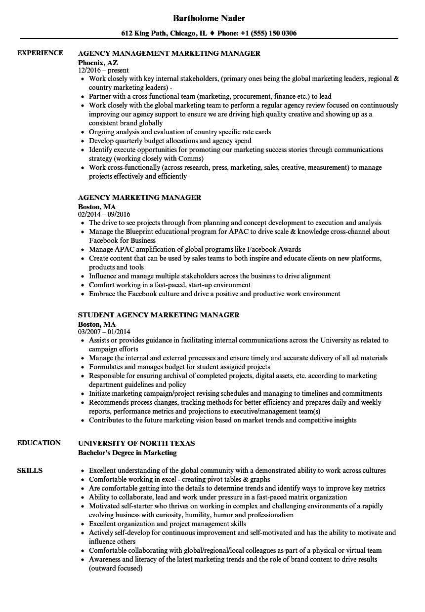 Agency Marketing Manager Resume Samples  Velvet Jobs