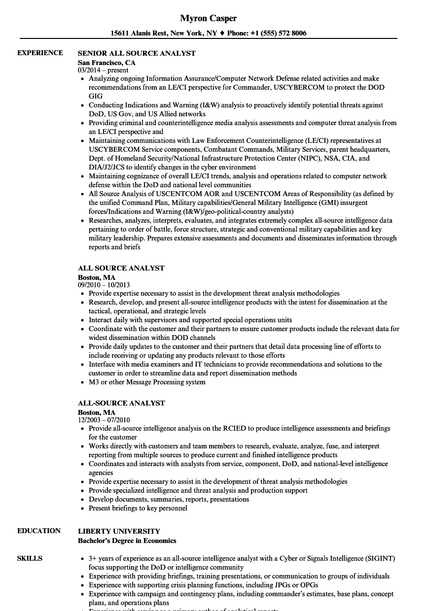 All-source Analyst Resume Samples | Velvet Jobs
 All Source Intelligence Analyst Sample Resume