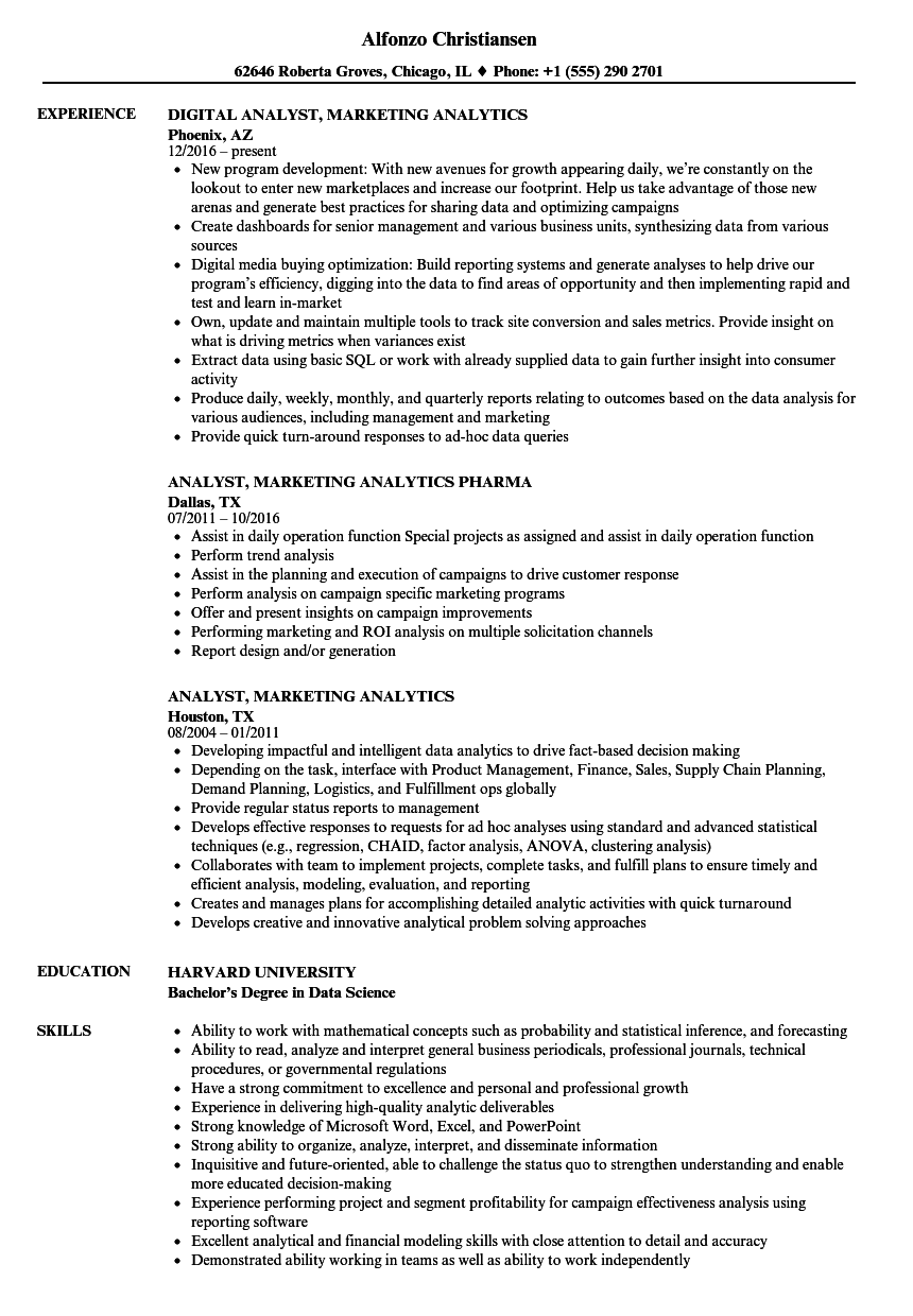 Analyst Marketing Analytics Resume Samples | Velvet Jobs