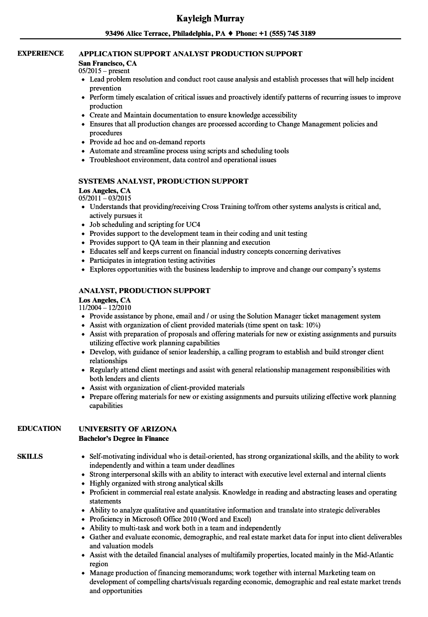 production support analyst resume sample