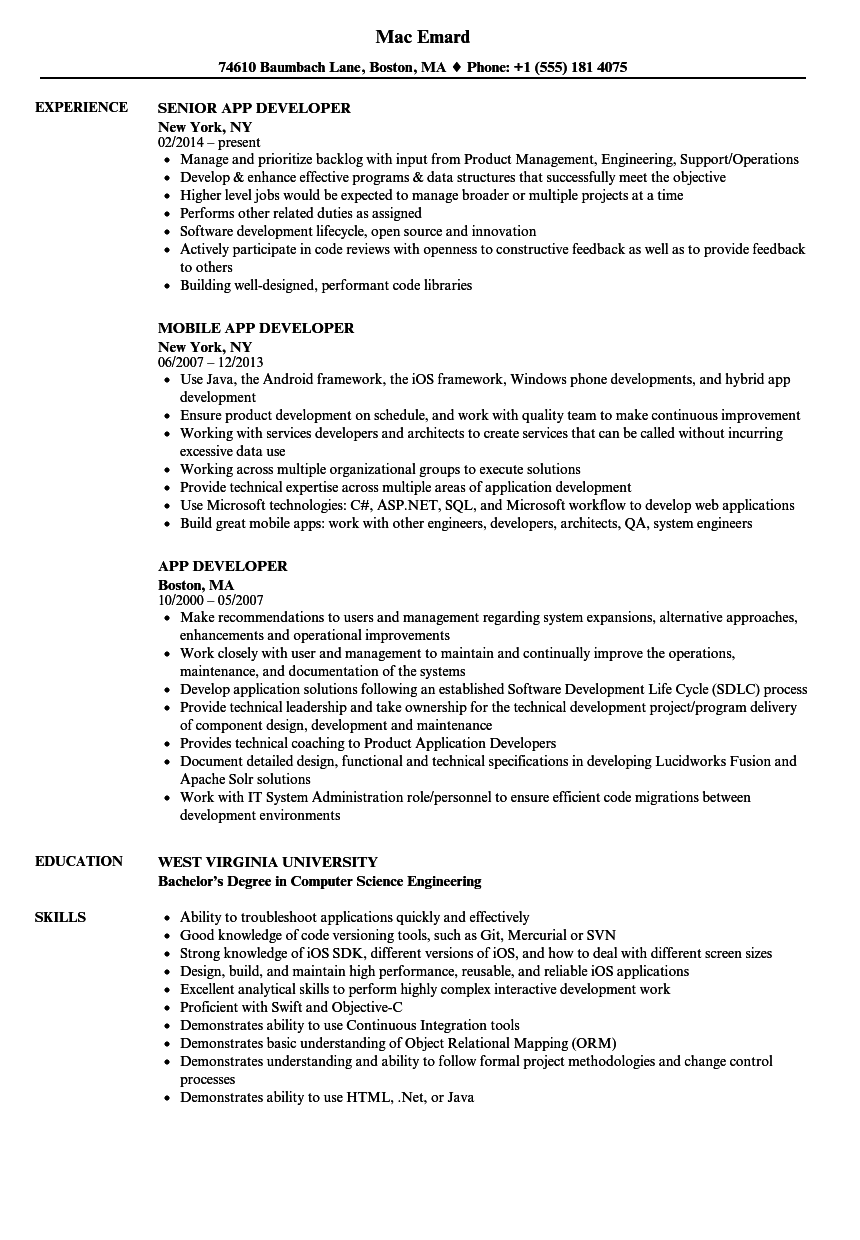App Developer Resume Samples Velvet Jobs