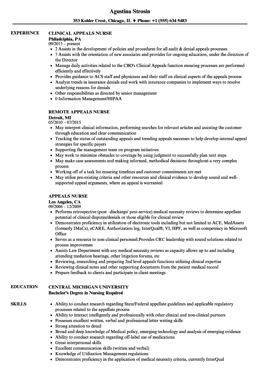 Appeals Nurse Resume Samples Velvet Jobs