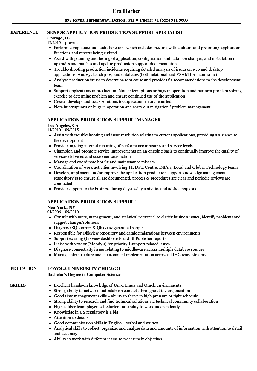 application production support manager resume