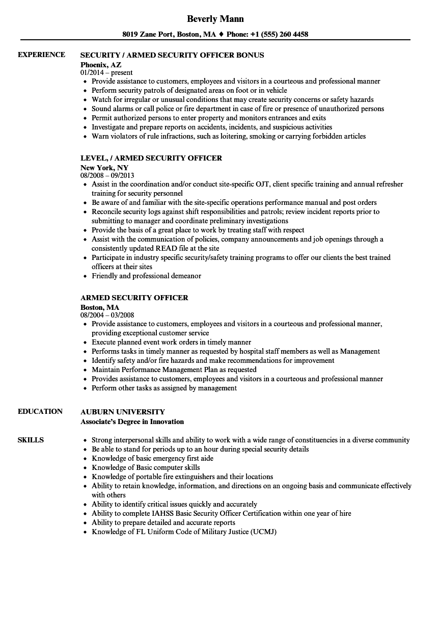 Armed Security Officer Resume Samples Velvet Jobs