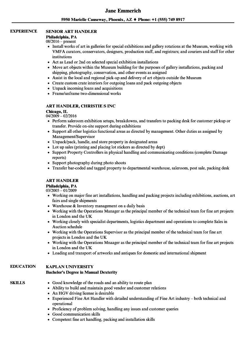 Art Handler Resume Samples | Velvet Jobs