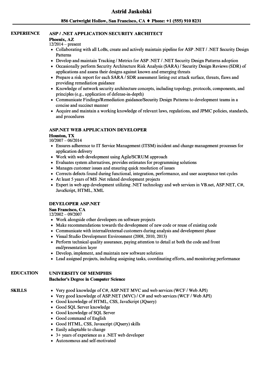 ASP Net Resume Samples | Velvet Jobs