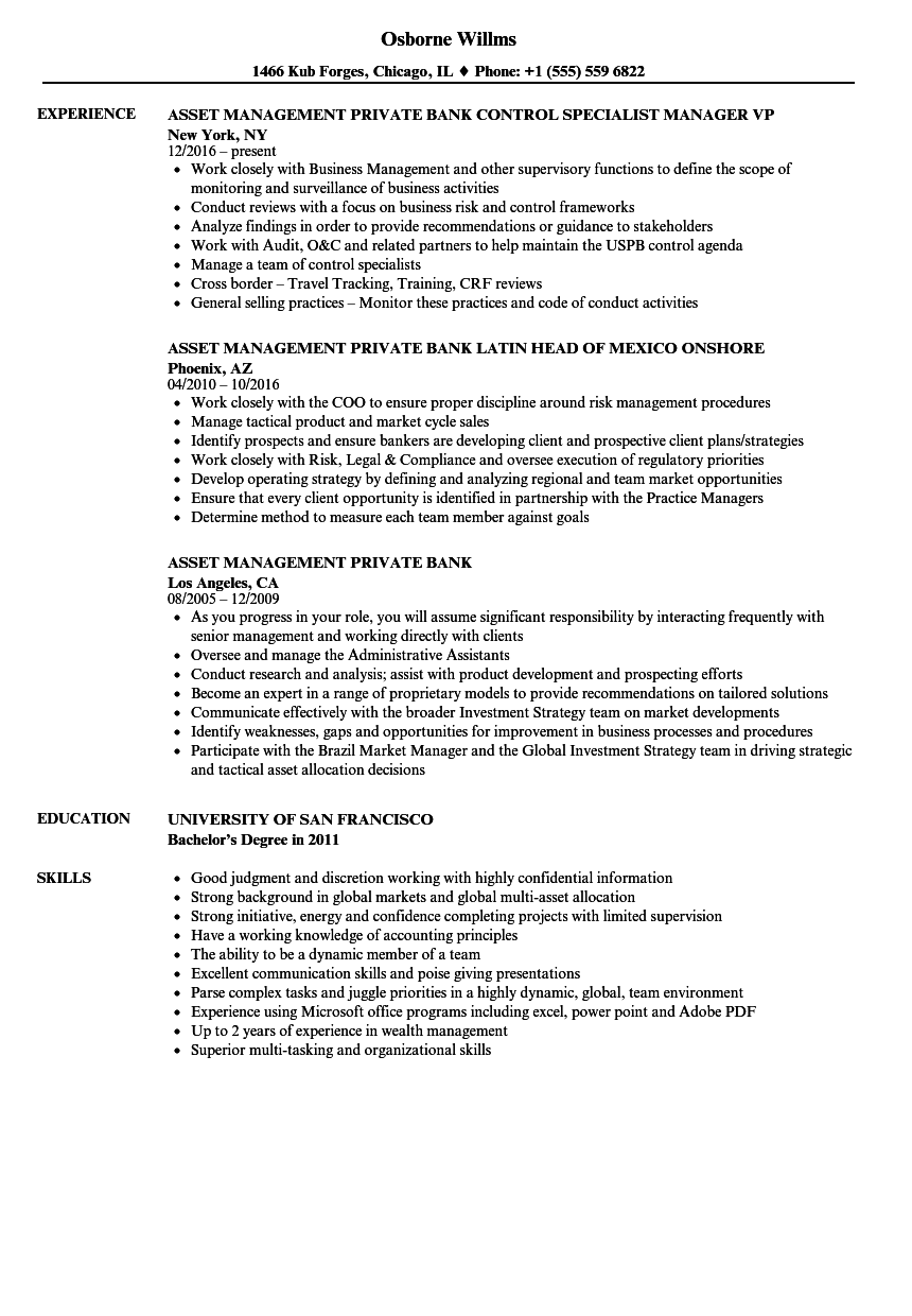 Asset Management Private Bank Resume Samples Velvet Jobs