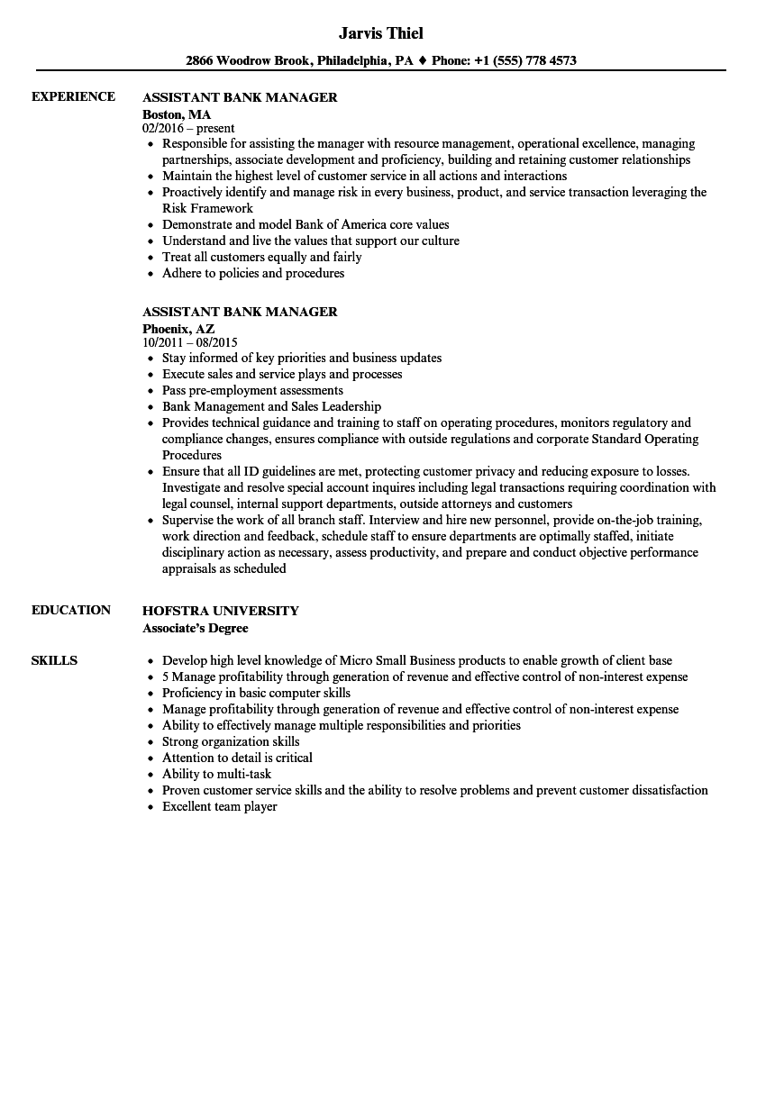 assistant bank manager job description resume