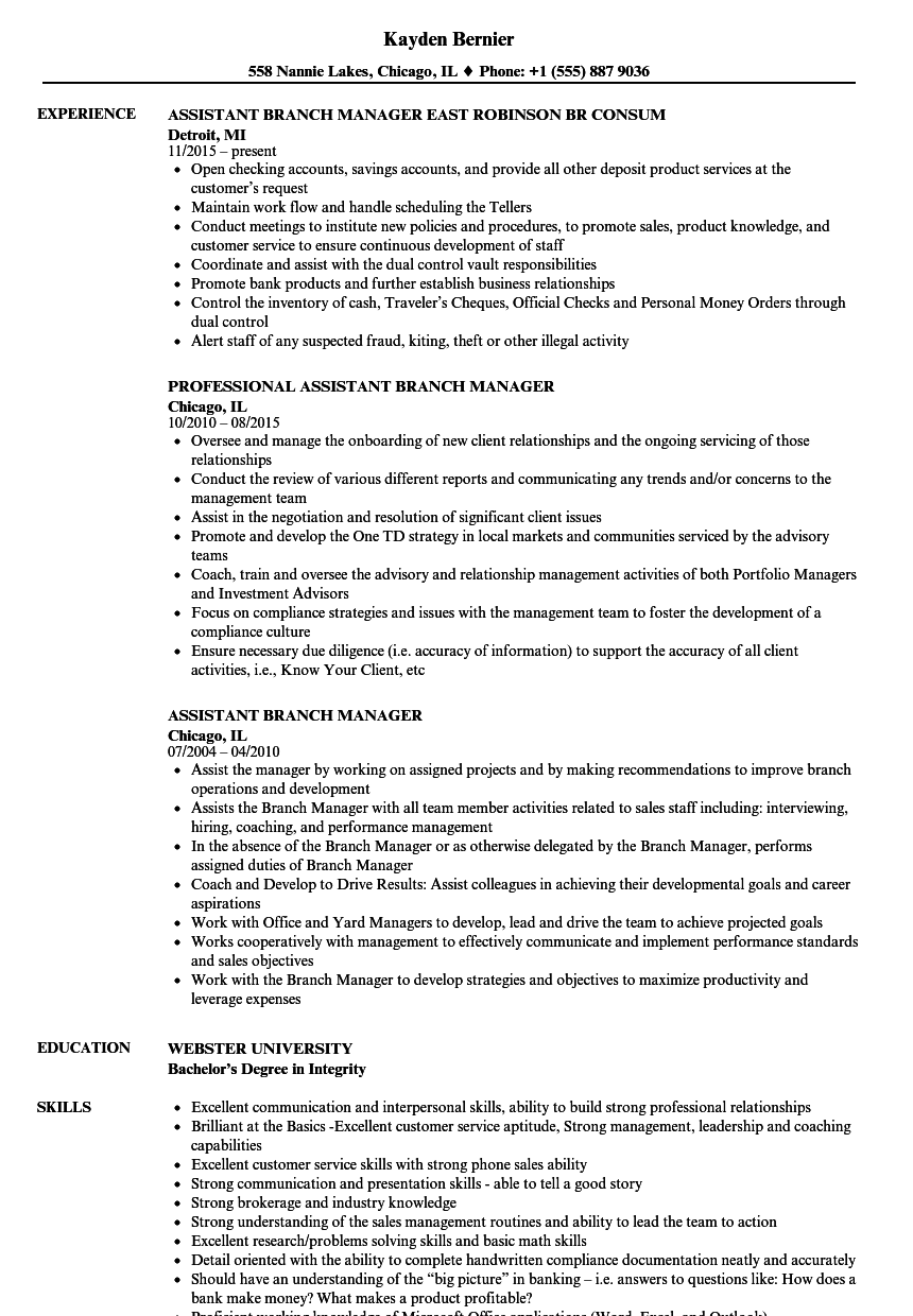 Branch Manager Resume Samples