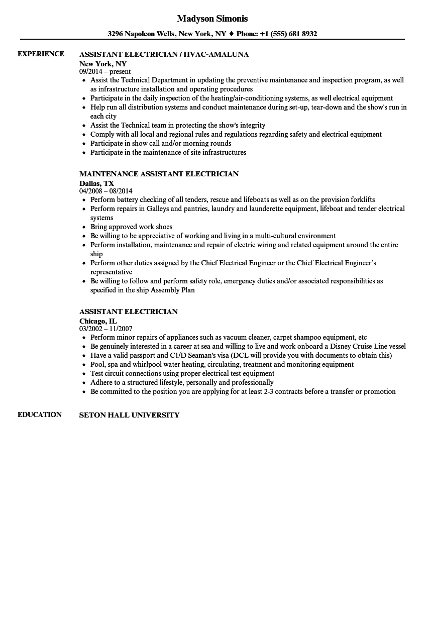 Assistant Electrician Resume Samples Velvet Jobs