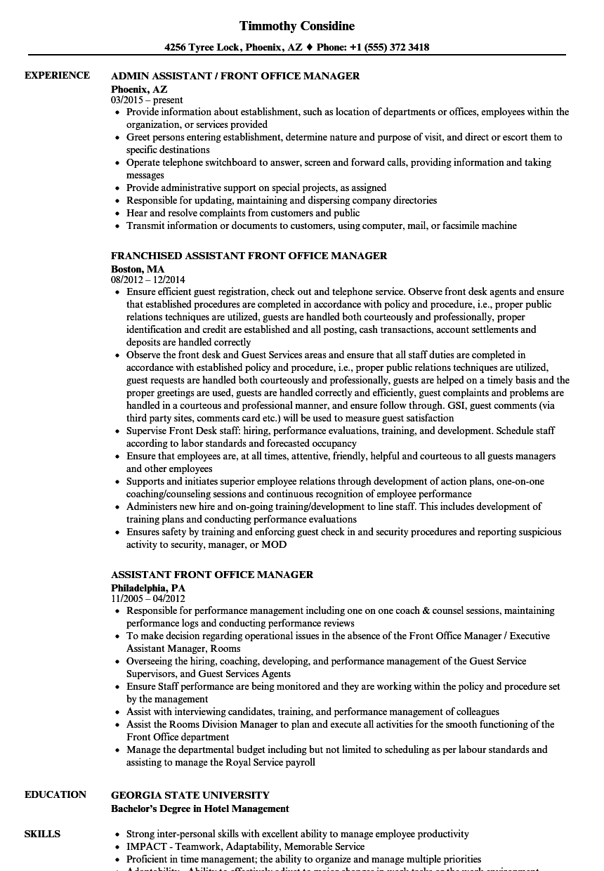 Assistant Front Office Manager Resume Samples Velvet Jobs