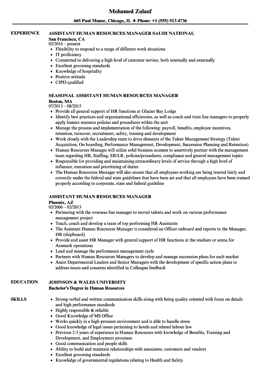 Assistant Human Resources Manager Resume Samples Velvet Jobs
