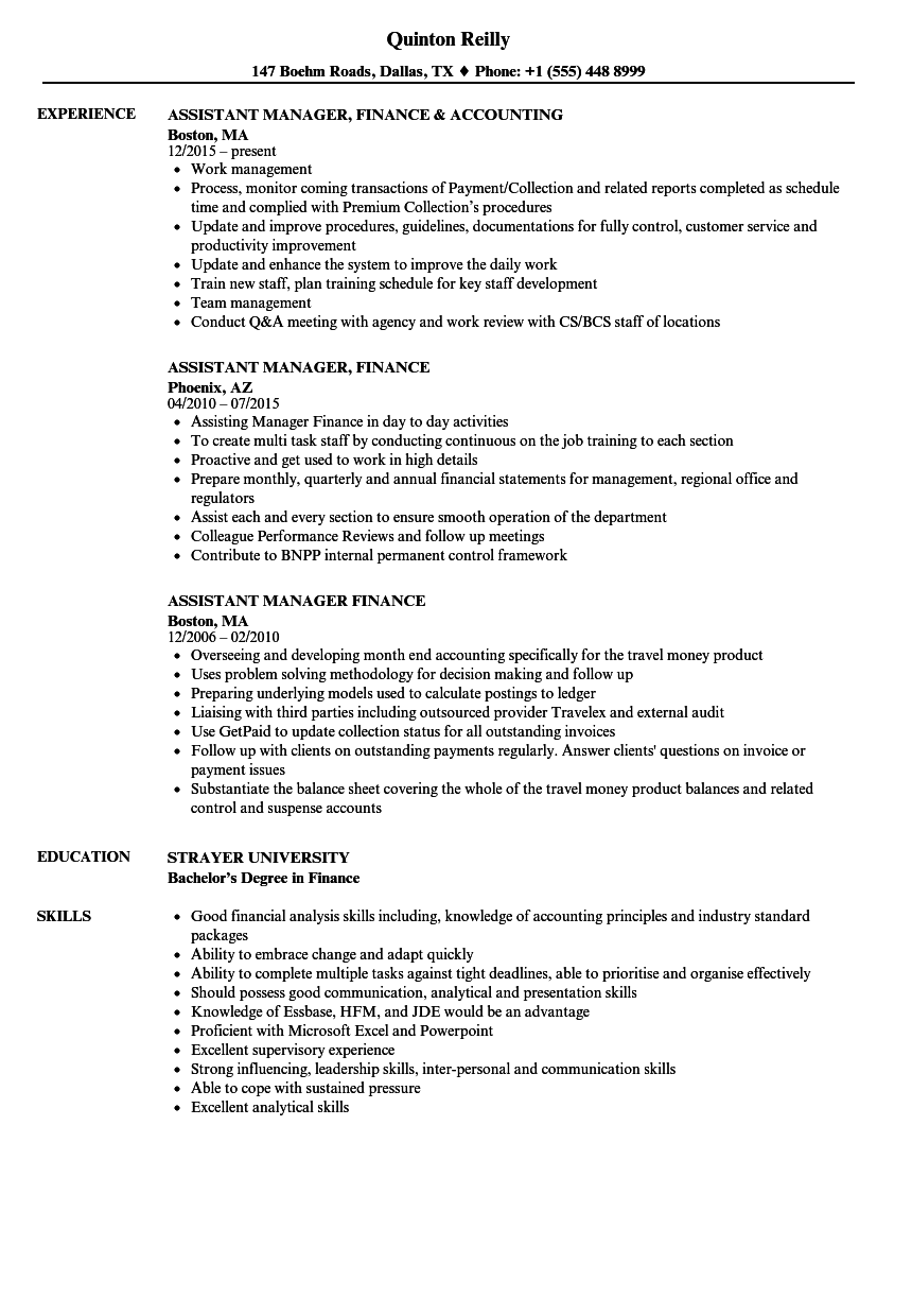 Assistant Manager Finance Resume Samples Velvet Jobs