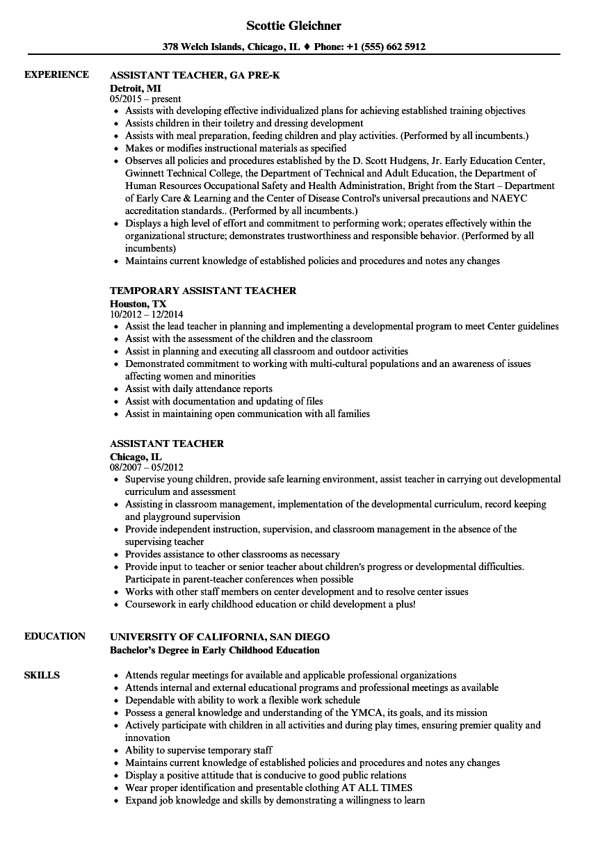 Assistant Teacher Resume Samples | Velvet Jobs