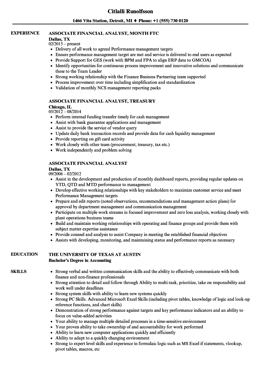 Associate Financial Analyst Resume Samples | Velvet Jobs