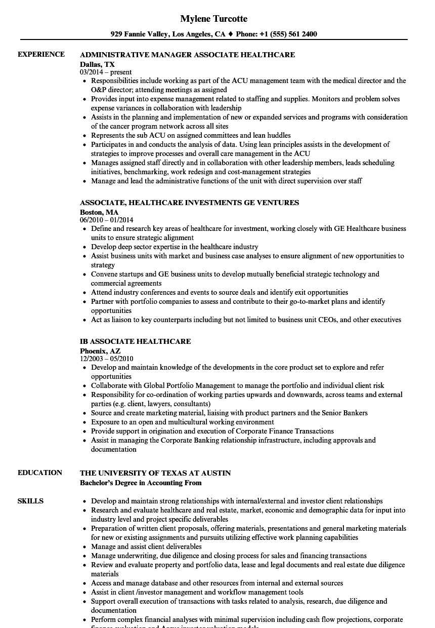 Associate, Healthcare Resume Samples  Velvet Jobs