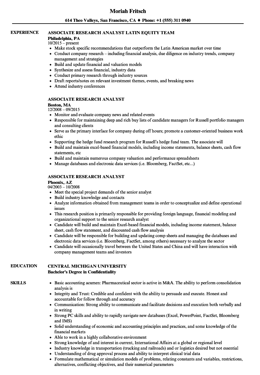 Associate Research Analyst Resume Samples | Velvet Jobs