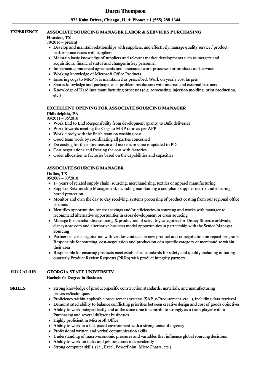 Associate Sourcing Manager Resume Samples  Velvet Jobs