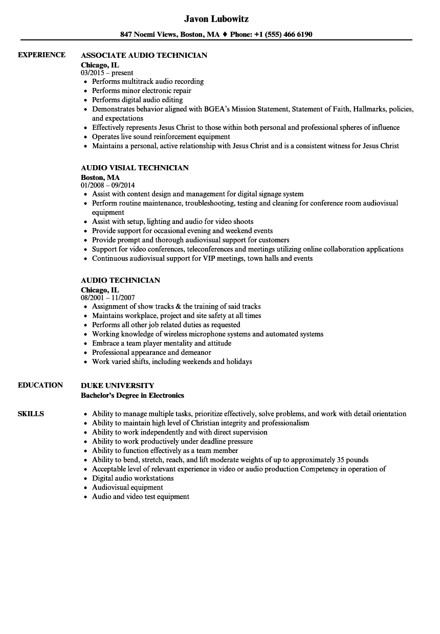 Audio Technician Resume Samples  Velvet Jobs