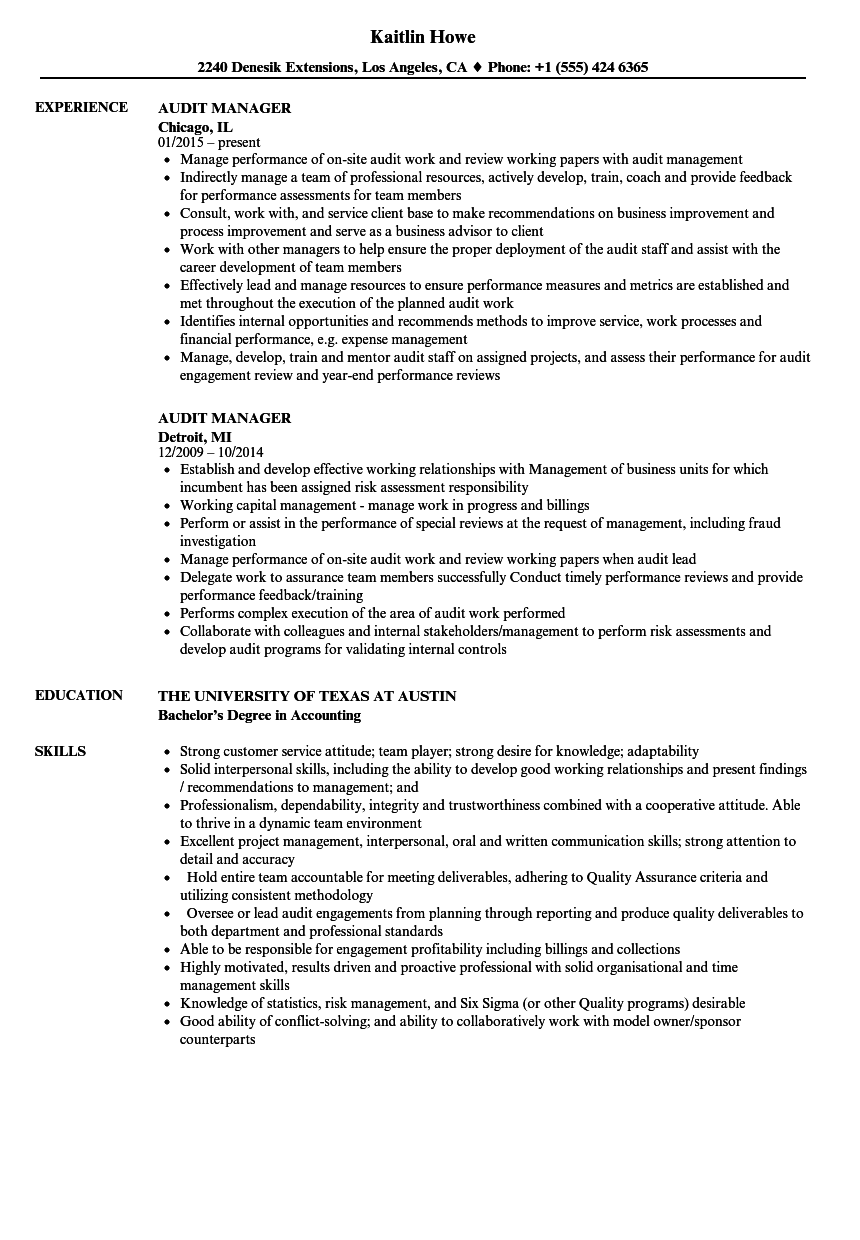 Audit Manager Resume Samples Velvet Jobs