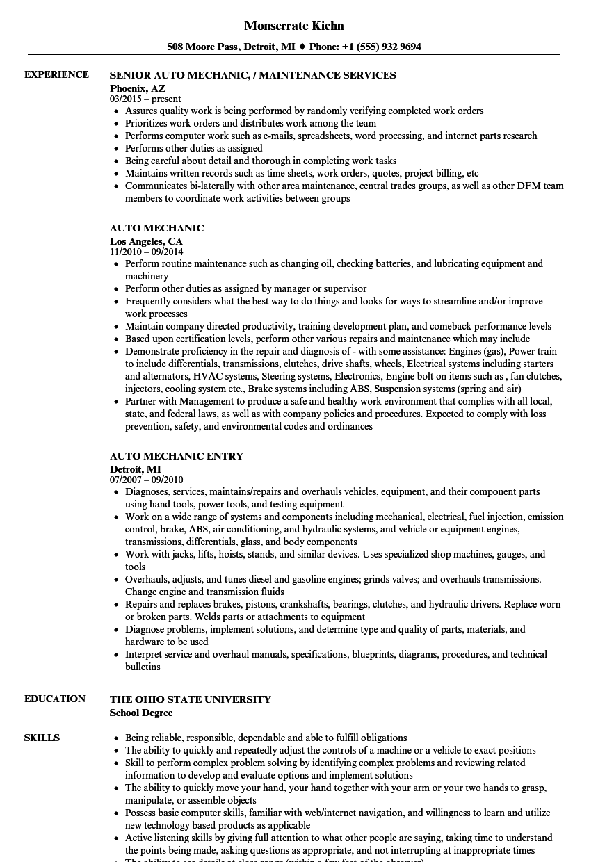 Auto Mechanic Resume Job Description