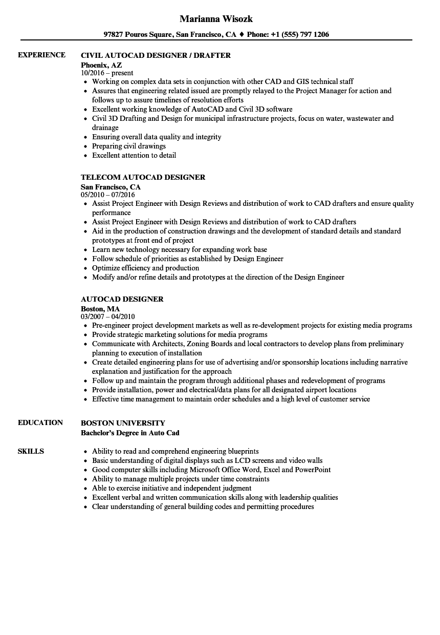 Autocad Designer Resume Samples | Velvet Jobs