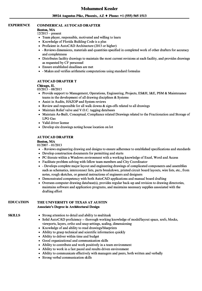 Autocad Drafter Resume Samples  Velvet Jobs