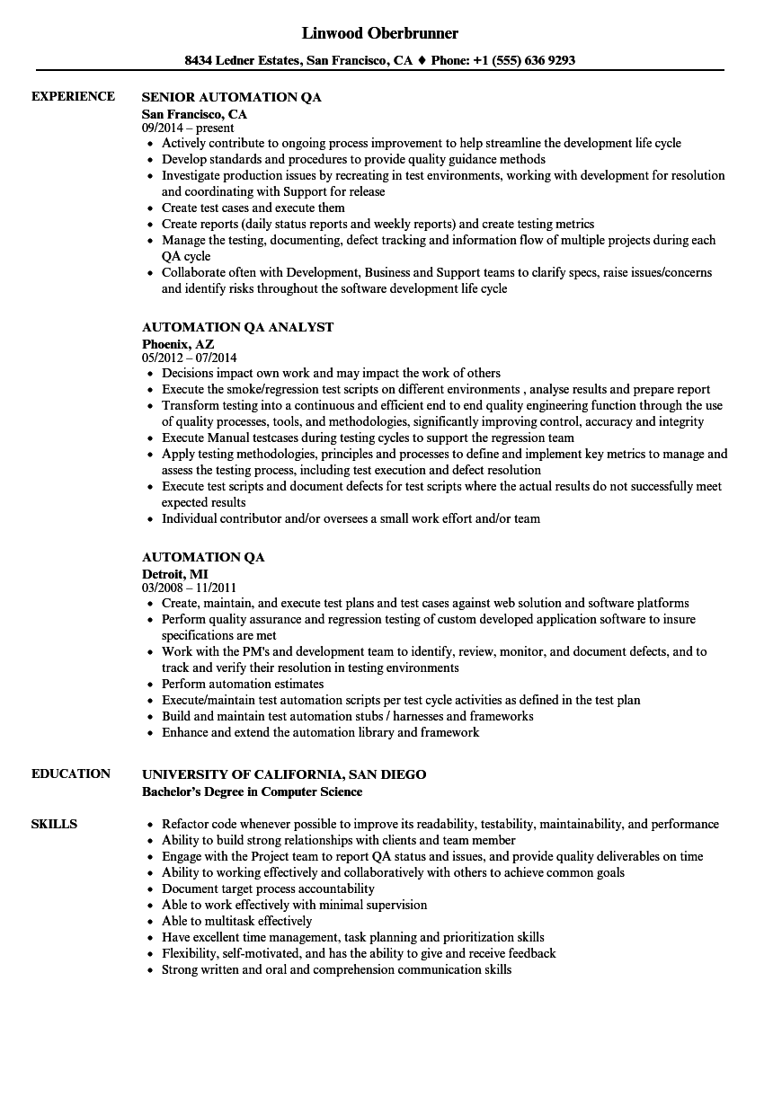 Automation QA Resume Samples  Velvet Jobs