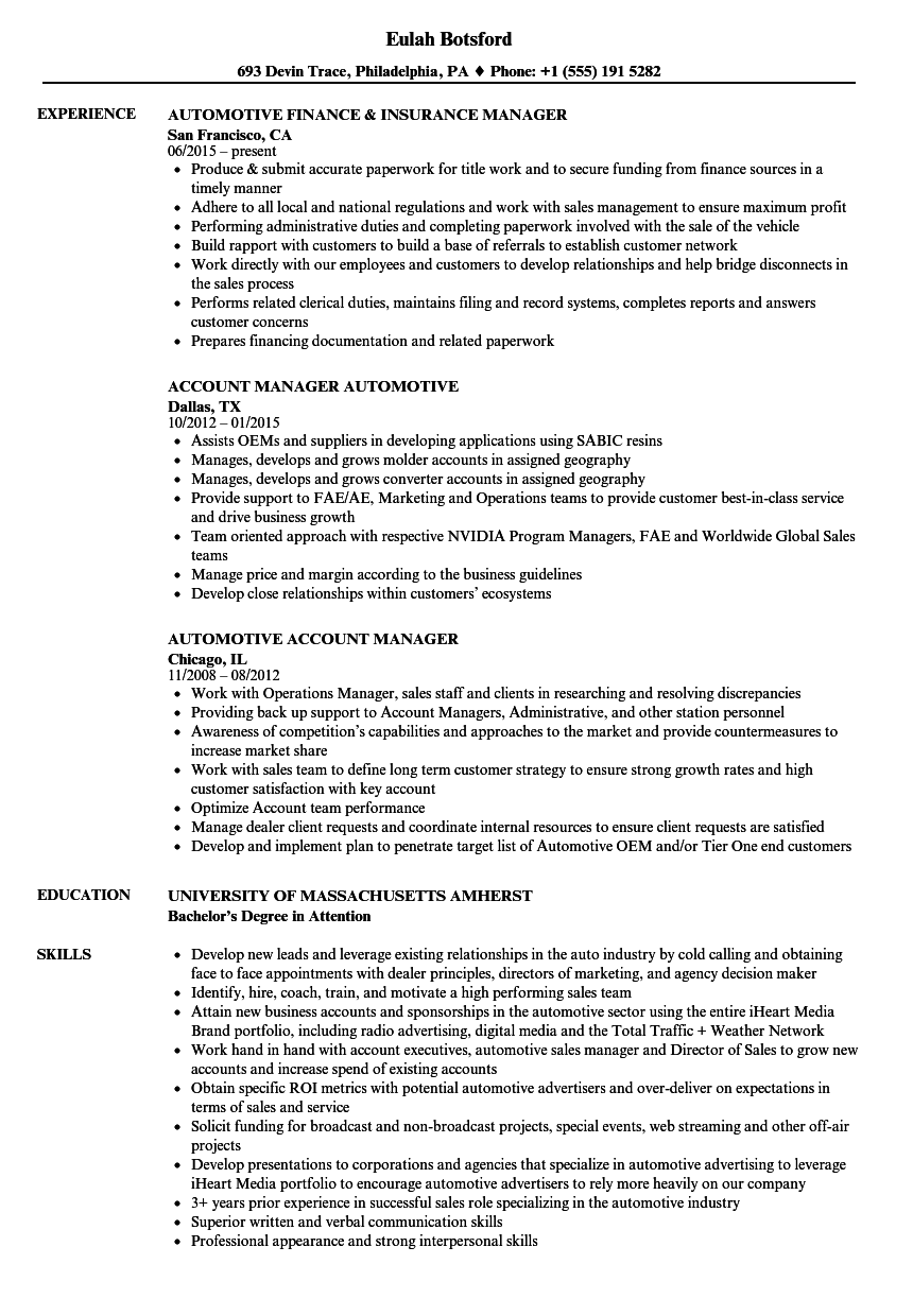 Automotive Manager Resume