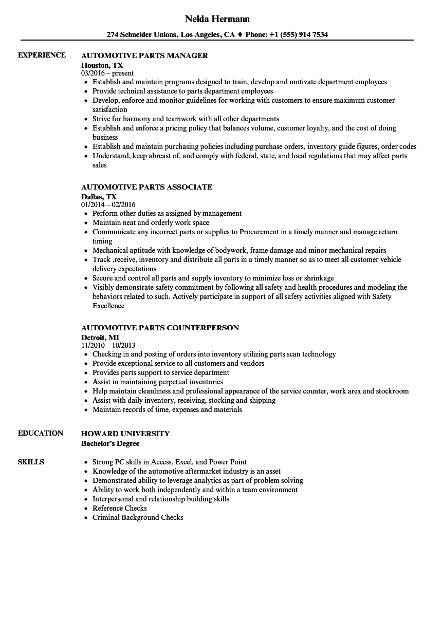 resume examples for auto parts sales