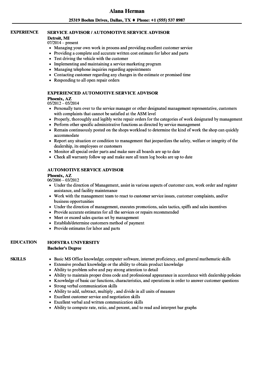 sample resume for automobile service advisor