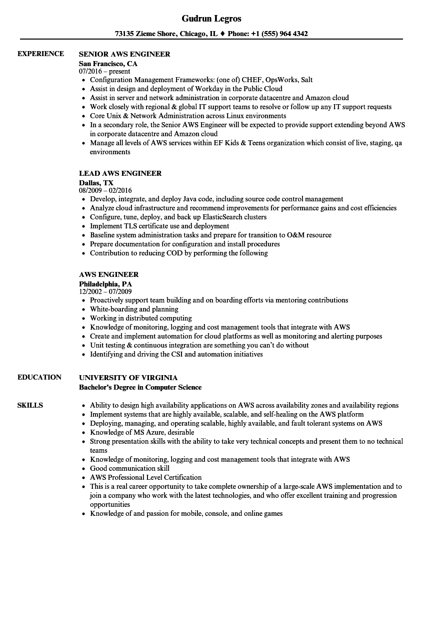 Aws Engineer Resume Samples Velvet Jobs